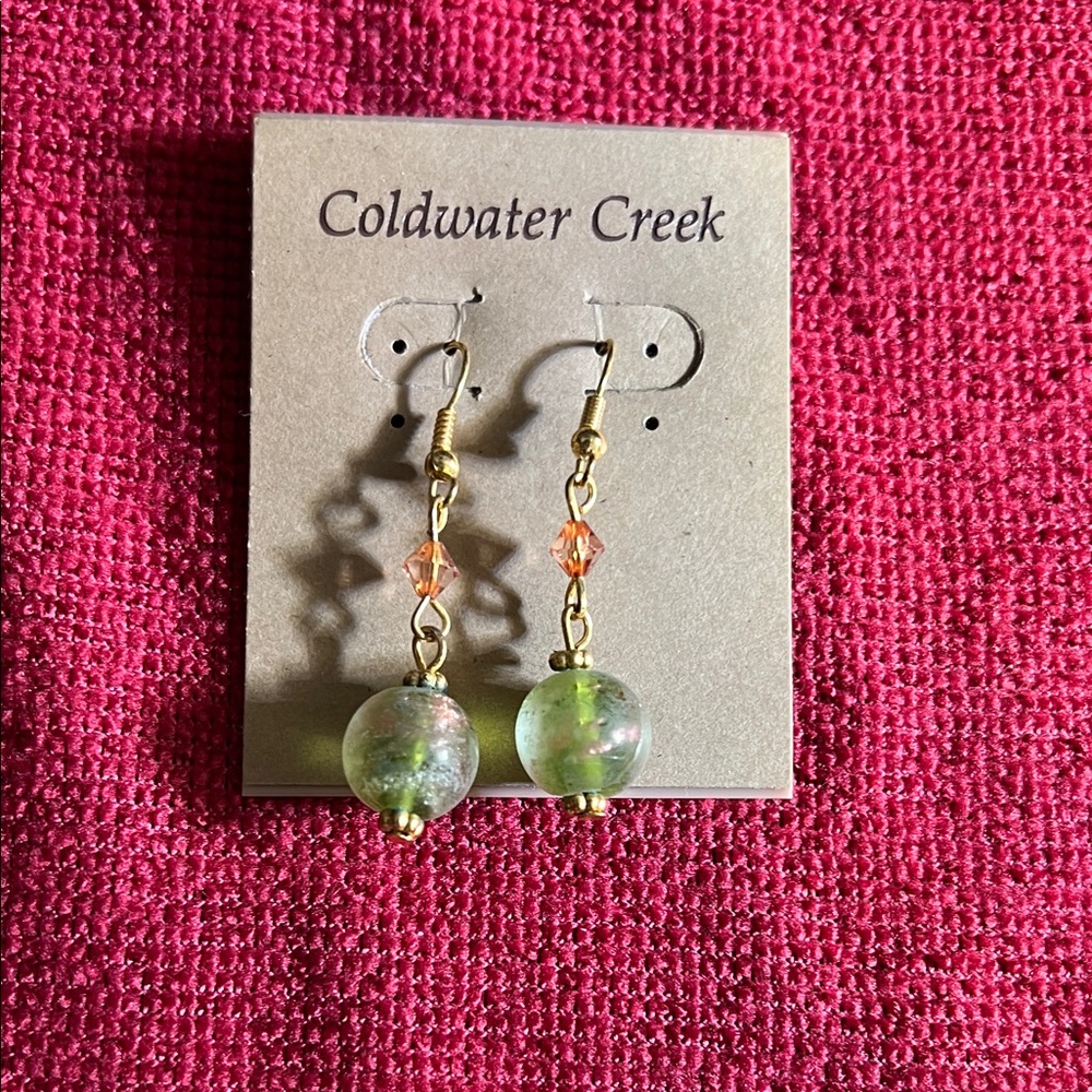Coldwater Creek Gold-Tone Earrings with Green and Peach Accent Beads